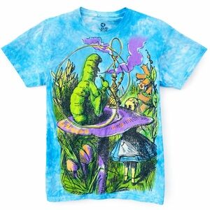 Liquid Blue Graphic T Shirt Tye Dye Alice in Wonderland Top Shirt Cotton